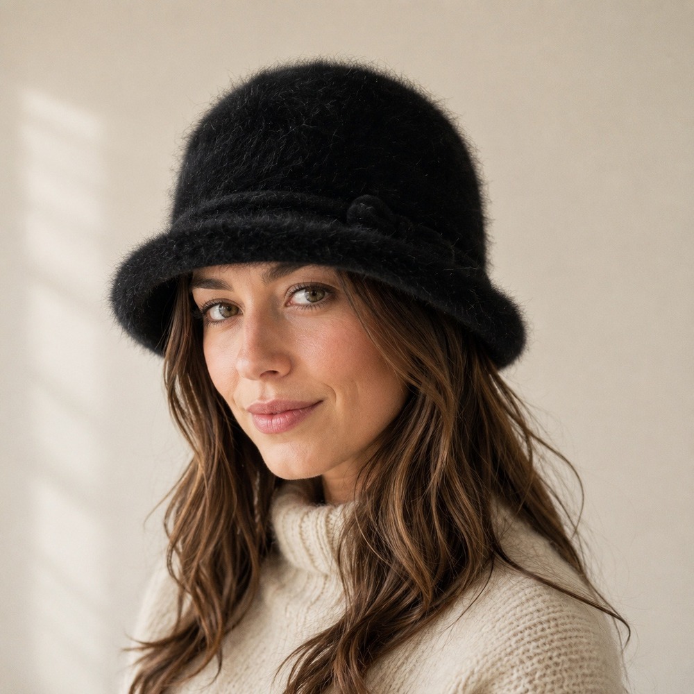 Vintage 70s Belmar Angora Cloche Hat Womens One Size Black Fuzzy Made In France